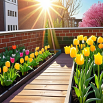 **

A vibrant rooftop garden in spring. New sprouts emerging, tulips, daffodils, and violets in full bloom. Butterflies and bees fluttering among the colorful flowers under the morning sun.

**