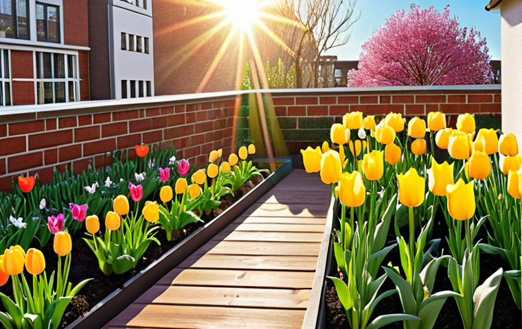 **

A vibrant rooftop garden in spring. New sprouts emerging, tulips, daffodils, and violets in full bloom. Butterflies and bees fluttering among the colorful flowers under the morning sun.

**